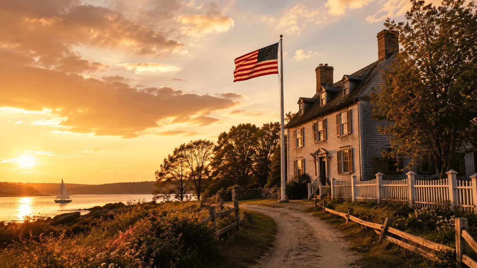Historic American coastal home at sunset